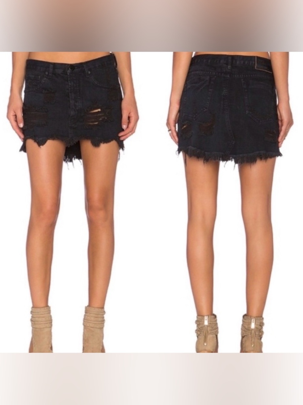 One Teaspoon Black Distressed "Junkyard" Denim Mini Skirt - Size 24 festival